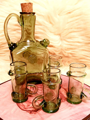 Glass Set Bottle and 4 Shot Glasses 17thC Hand Blown Glass For Liquors Spirits Special Occasions  Anniversary Family Celebrations - Arts and Beauty Ltd