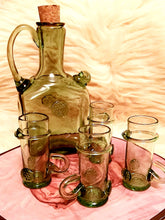 Load image into Gallery viewer, Glass Set Bottle and 4 Shot Glasses 17thC Hand Blown Glass For Liquors Spirits Special Occasions  Anniversary Family Celebrations - Arts and Beauty Ltd
