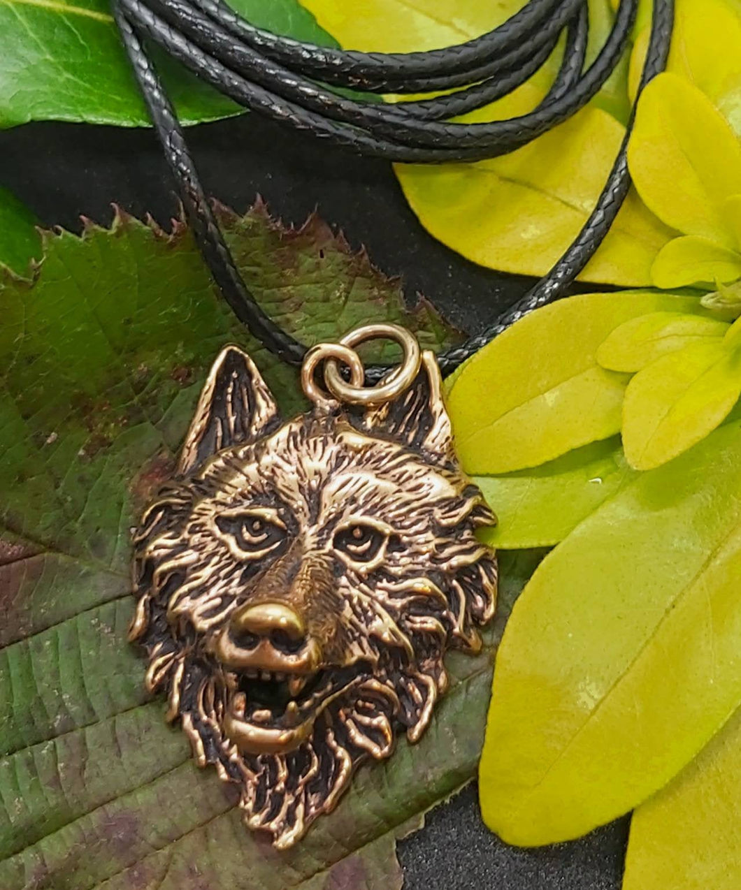 Wolf Head Bronze Large Celtic Viking Necklace Pendant With Black Neck Cord Pagan Spiritual Unique Craft - Arts and Beauty Ltd